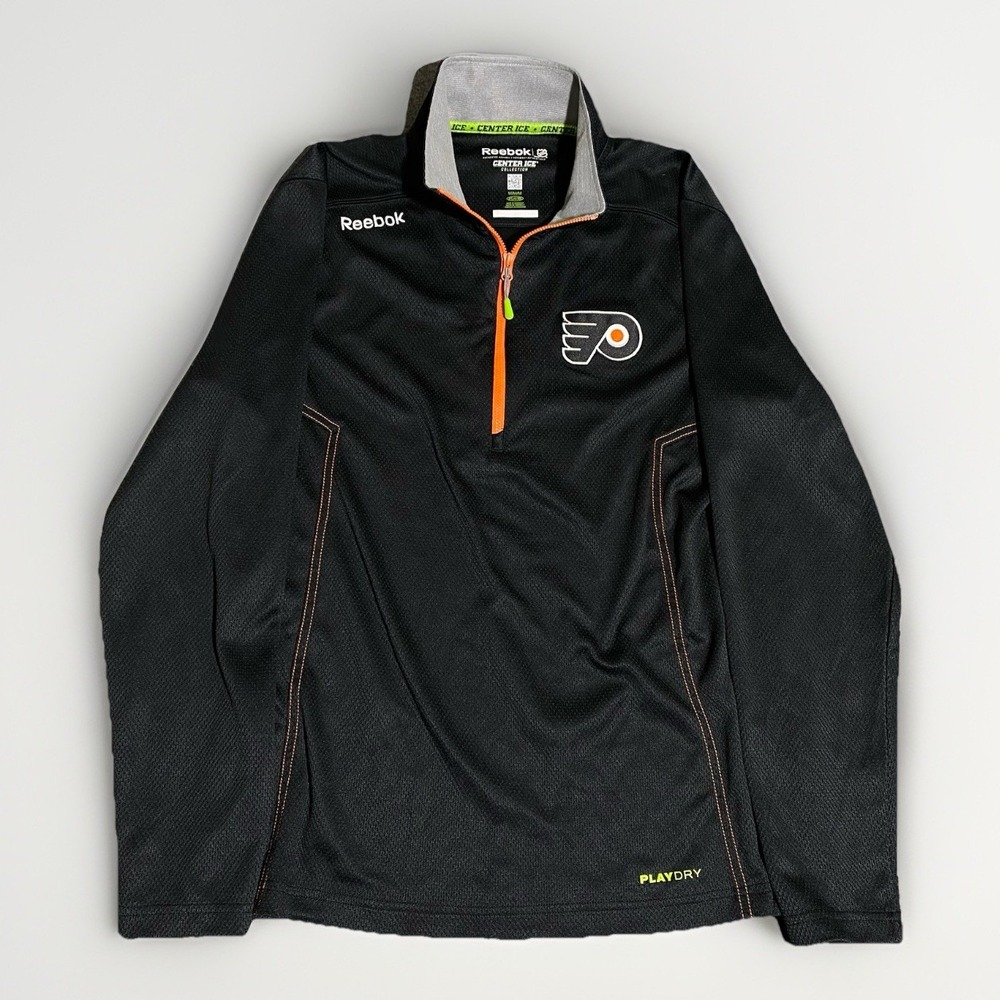 Philadelphia Flyers 1/4 Zip Pullover Reebok Center Ice Black PlayDry Lightweight